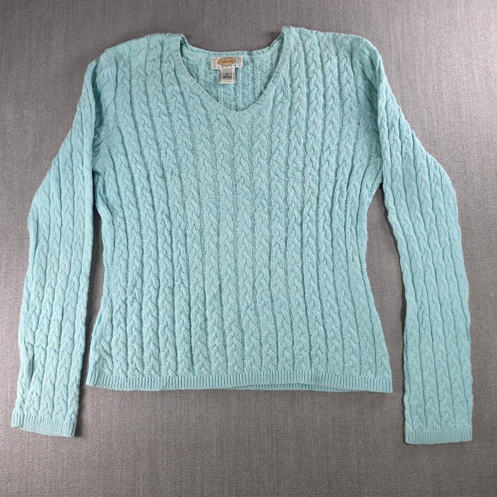 Talbots Sweater Womens Medium Petites Light Blue Cable Knit V-Neck Cotton Blend
